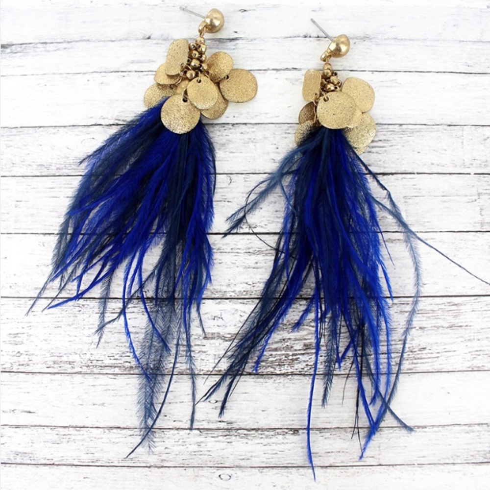 3/$25 Goldtone Disc Blue Feather Tassel Earrings